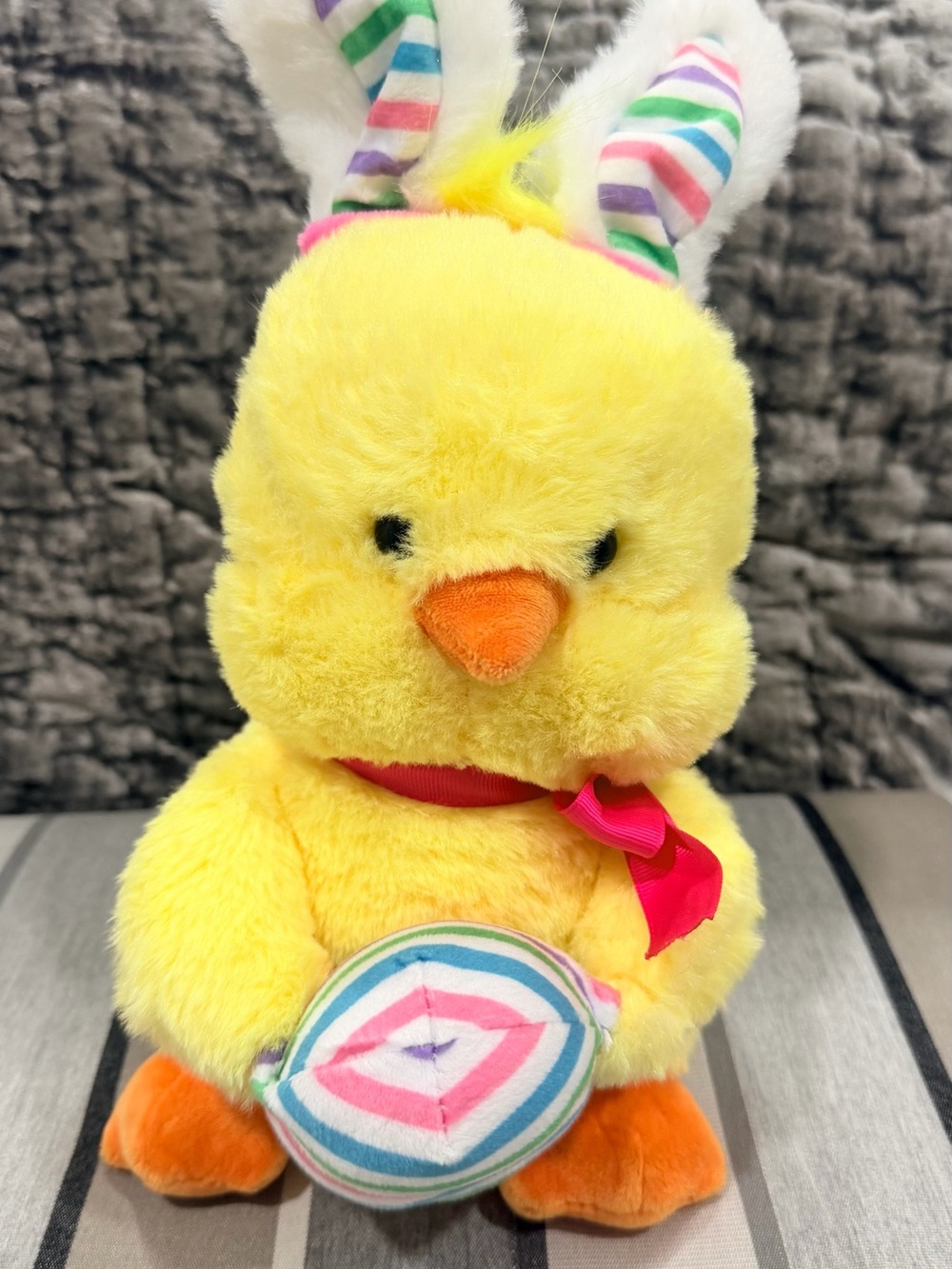 Yellow Plush Chick with Striped Ears and Ribbon